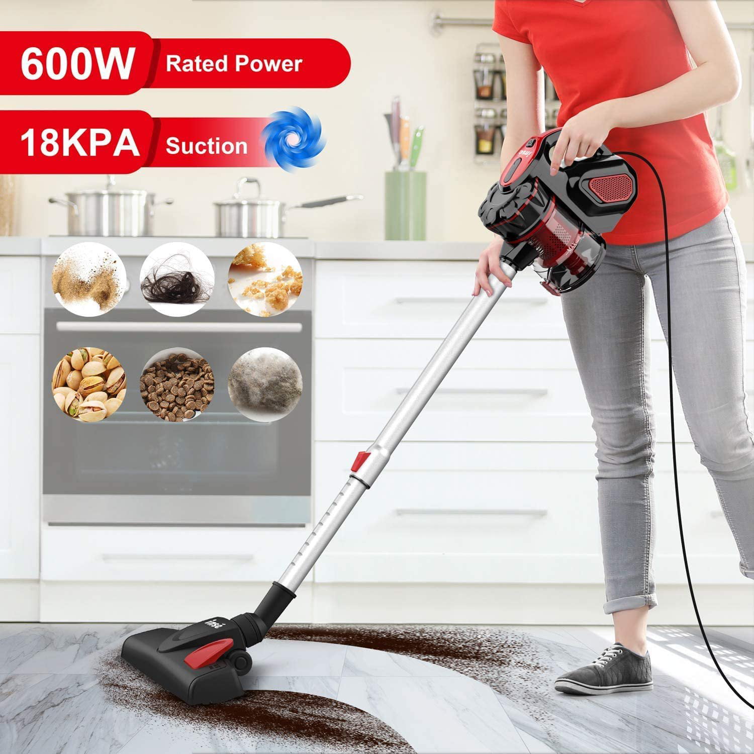 Corded Vacuum Cleaner, INSE Stick Vacuum Cleaner 18KPA Powerful Suction with 600W Motor, 3 in 1 Handheld Vacuum for Pet Hair Hard Floor Home - Red - 2