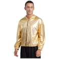 thumbnail image 2 of TiaoBug Men's Holographic Hoodie Long Sleeve Shiny Metallic Bomber Jacket Hooded Zip-up Outerwear Coat Gold L, 2 of 6