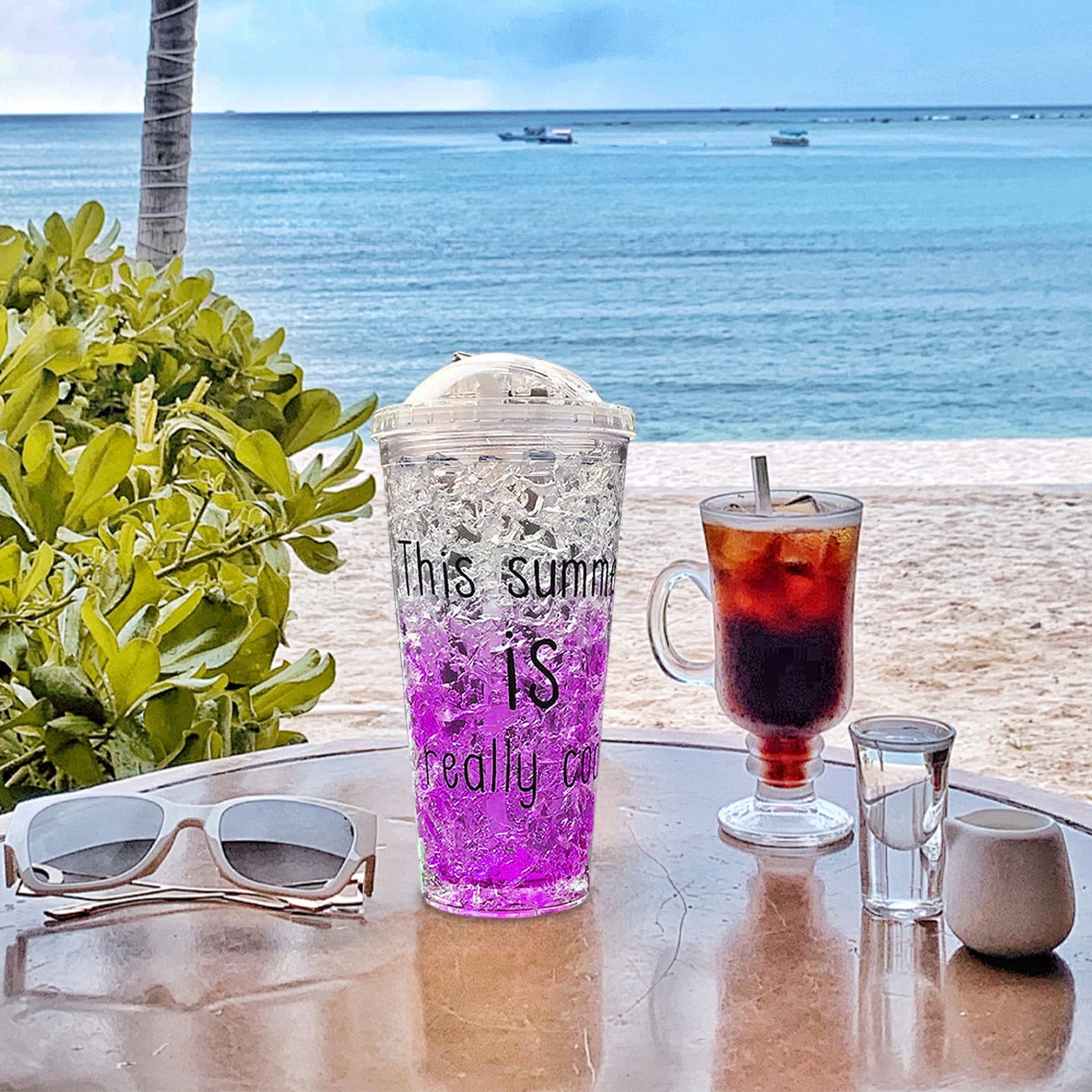 1Pcs Double Layer Insulated Tumbler with Sliding Lid & Straw - Gradient Color Plastic Cup for Iced Drinks, Crushed Ice, Smoothies - Leakproof & Sweatproof Design for Outdoor, Travel, Summer Use