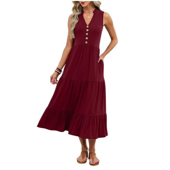 Summer Maxi Dresses for Womens 2026 Fashion Plus Sise Casual Solid Color V-Neck Sleeveless Mid-length Dress