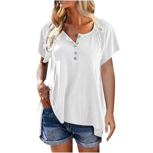 Moda mujer verano Casual botones Patchwork manga corta Pullove blusa sólida Fridja bn3635