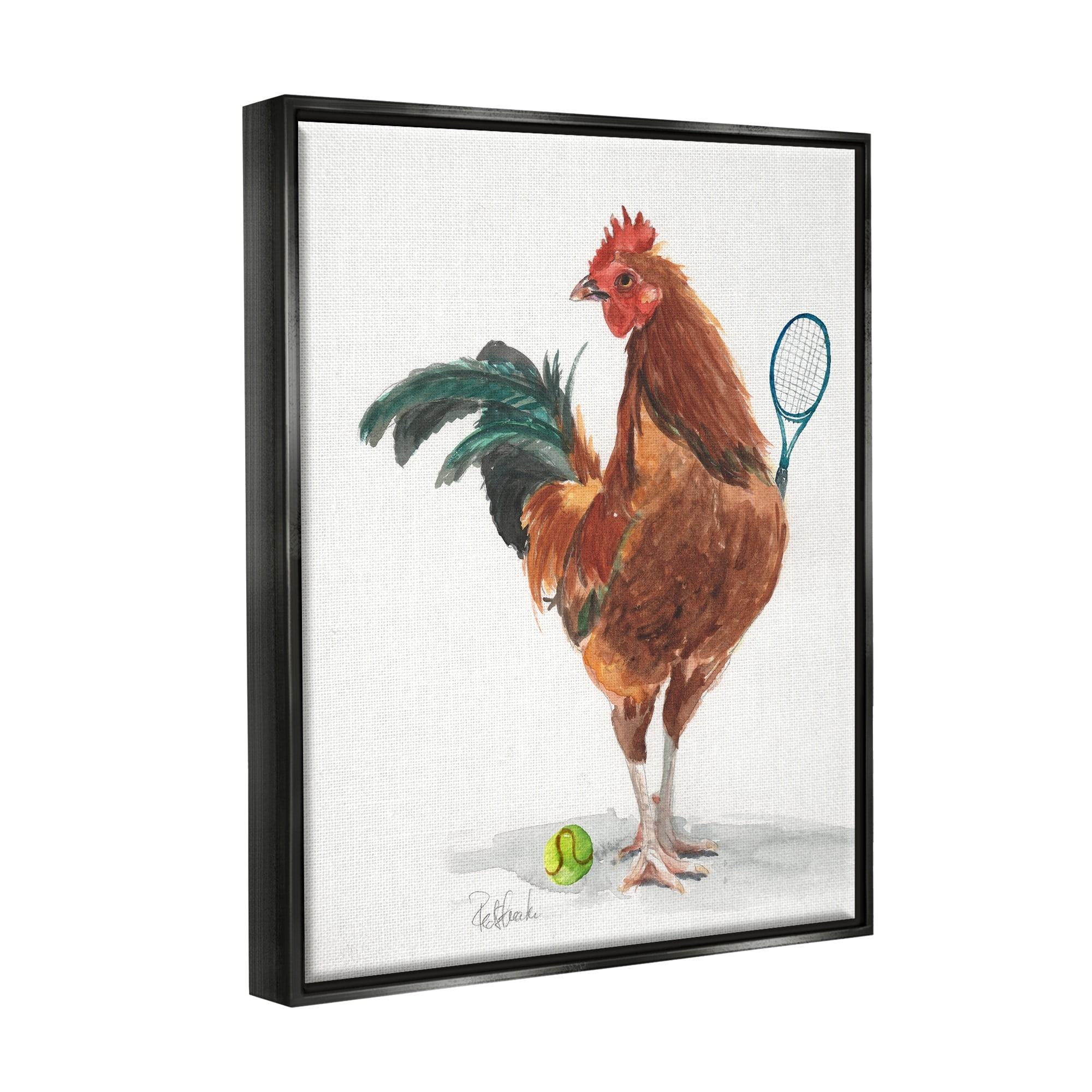 Stupell Industries Chicken Hen Playing Tennis Athletic Farm Animal Painting Jet Black Floating Framed Canvas Print Wall Art, Design by Jennifer Redstreake