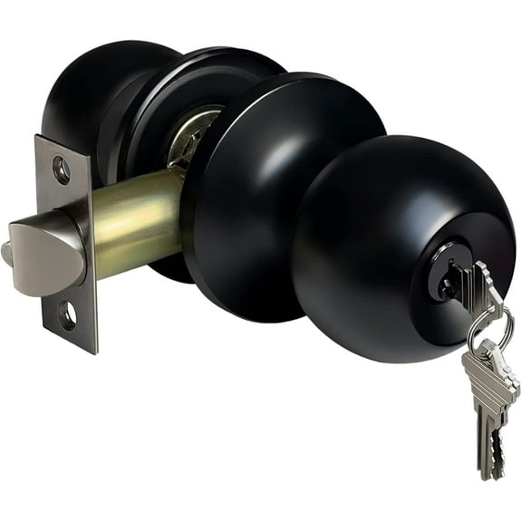 OFEFE Door Knob with Lock and Keyed, Black Matte Round Ball Lock Interior/Exterior Door Knob for Bedroom Or Bathroom/Entry Door Handle