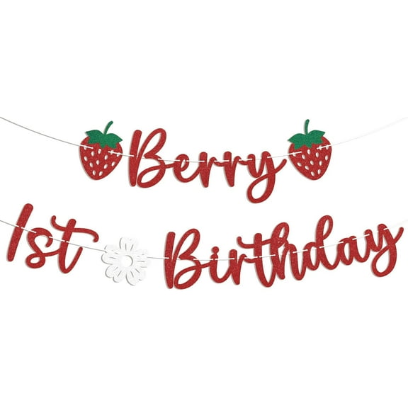 Berry First Birthday Banner - Stawberry 1st Birthday Decor, Berry Sweet One Baby Shower Bday Party Decorations Red Glitter