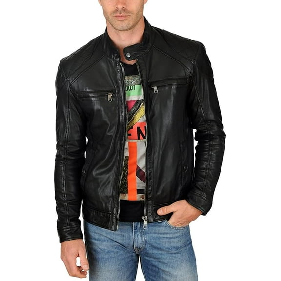New Men's Genuine Lambskin Leather Jacket Black Motorcycle Biker Jacket A935