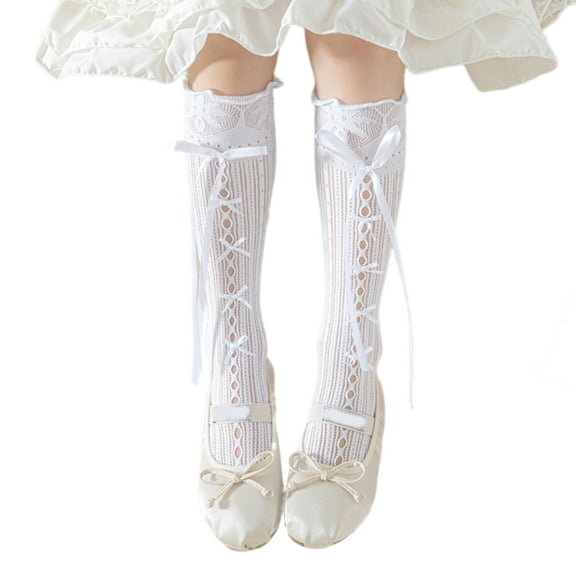 RUISINERY 1 Pair Sweet Styled Middle Calf Socks for Kids with Lace and Bowknot Design Soft and Breathable Nylon In Tube Socks