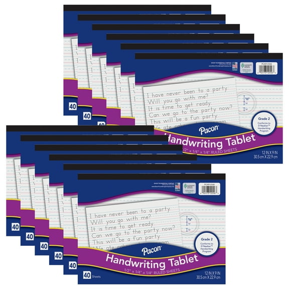 Pacon Handwriting Tablet, White, 1/2 in x 1/4 in x 1/4 in Ruled Long, 12" x 9", 40 Sheets, Pack of 12