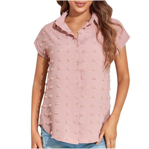 Blusa superior de la camisa de la rebeca del botón de la manga corta de la gasa del verano de la manera atractiva ocasional de las mujeres Pompotops qwe20646