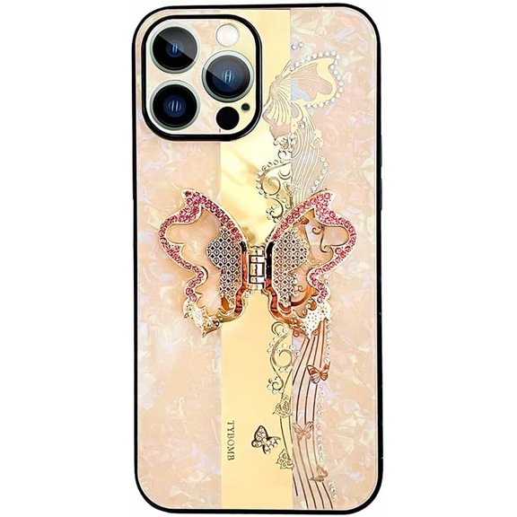 Case for iPhone 16 Pro Max,3D Butterfly Flower Kickstand Bling Glitter Diamond Marble Ring Stand Shockproof Women Girls Rhinestone Phone Case for iPhone 16 Pro Max,6.9 inch 2024 (XDL Gold)