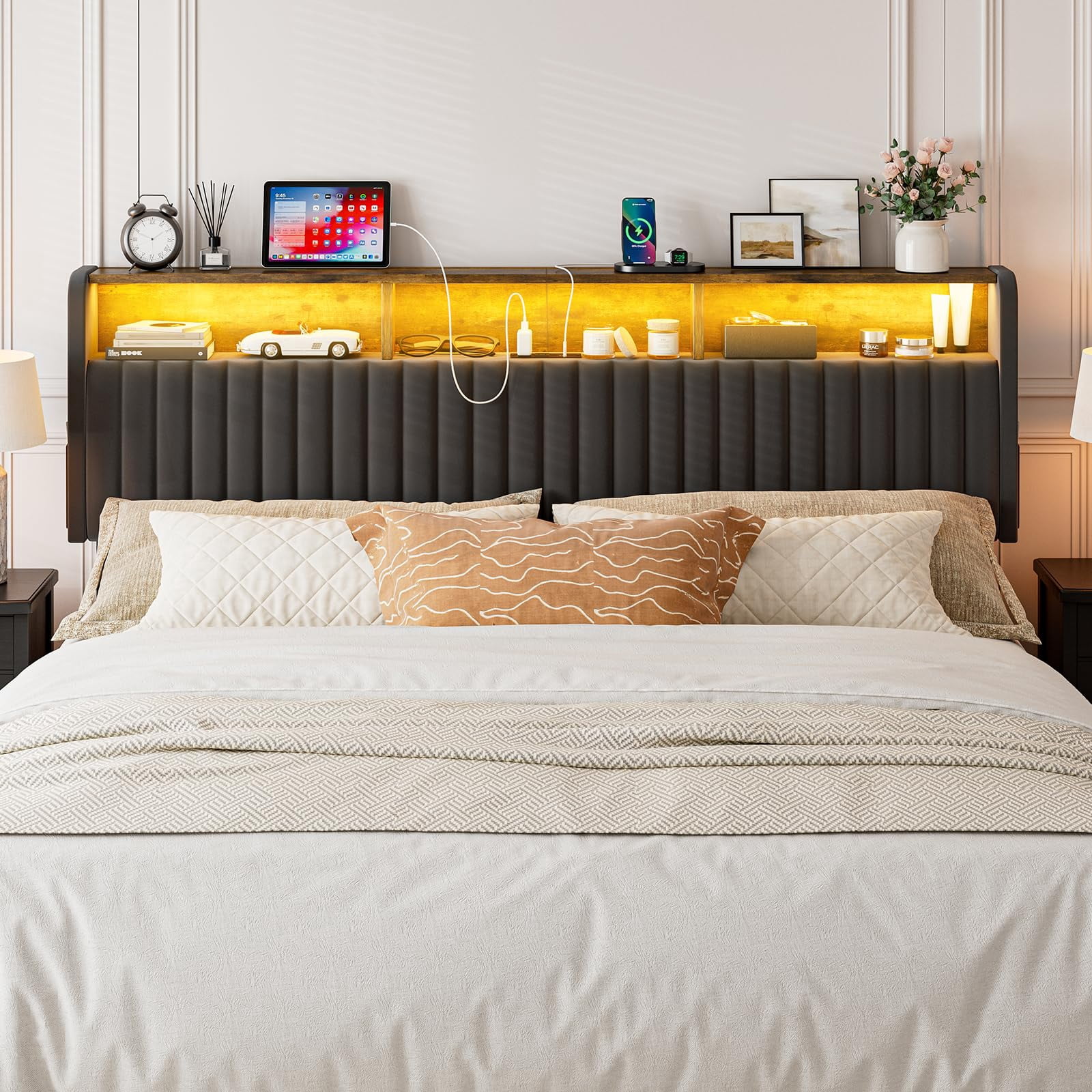 ARICOEASY California King Modern Velvet Upholstered Headboard with Storage Shelf, LED Lights & USB Charging Station, Adjustable Height Freestanding Bed Headboard Only, Black