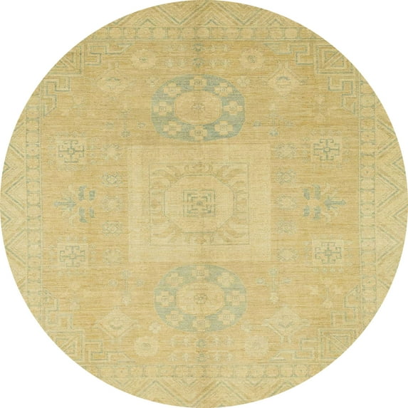 Ahgly Company Machine Washable Indoor Round Abstract Chrome Gold Yellow Area Rugs, 7' Round