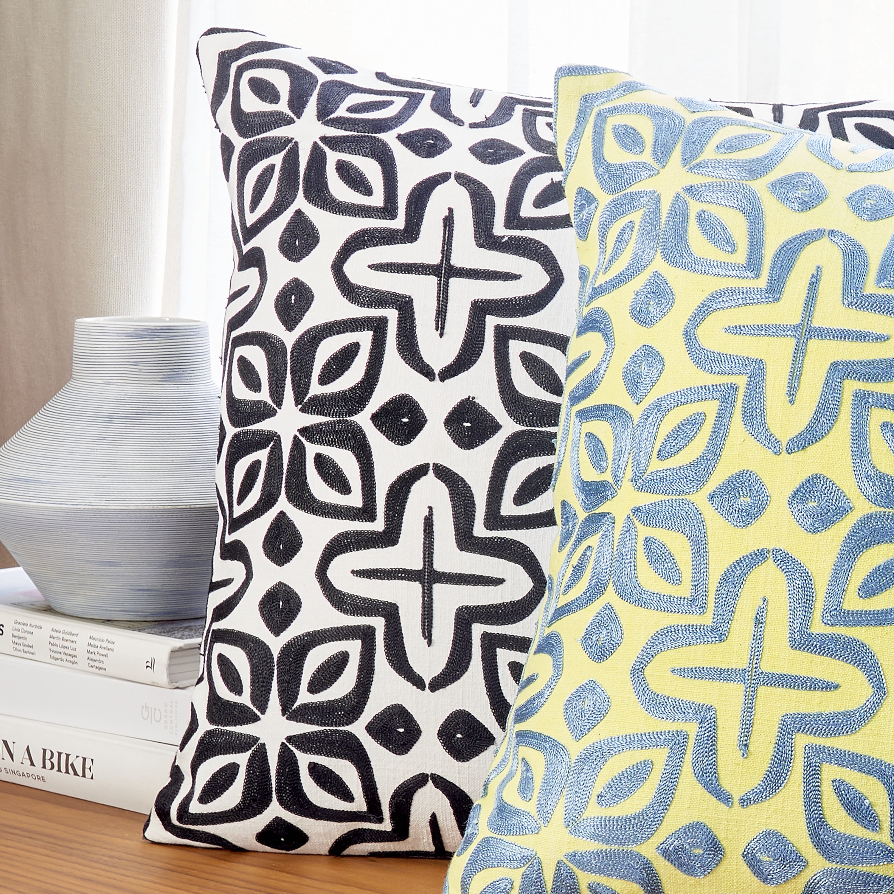 Rochelle Porter Beauty Decorative Square Pillow,Throw, White, Black, Cotton, Polyfill, 20"x 20", 1 Count