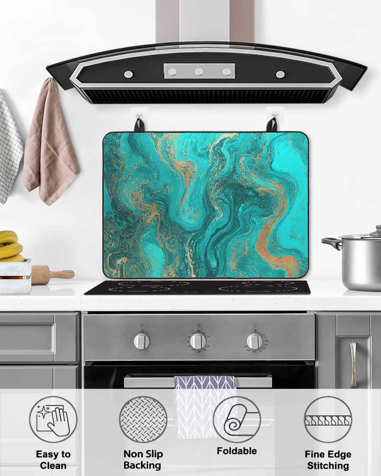 nqOlkjepod Large Induction Cooktop Protector Mat 24"x21", Turquoise Marble Stove Top Covers for Electric Stove, Farmhouse Modern Abstract Aesthetic Stove Burner Cover Mats, Glass Top Stove Cover