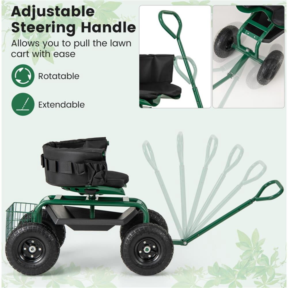 Resenkos Garden Utility Wagon Cart, Farm Wagon Cart,Cushioned Rolling Garden Cart Scooter with Storage Basket and Tool Pouch-Green