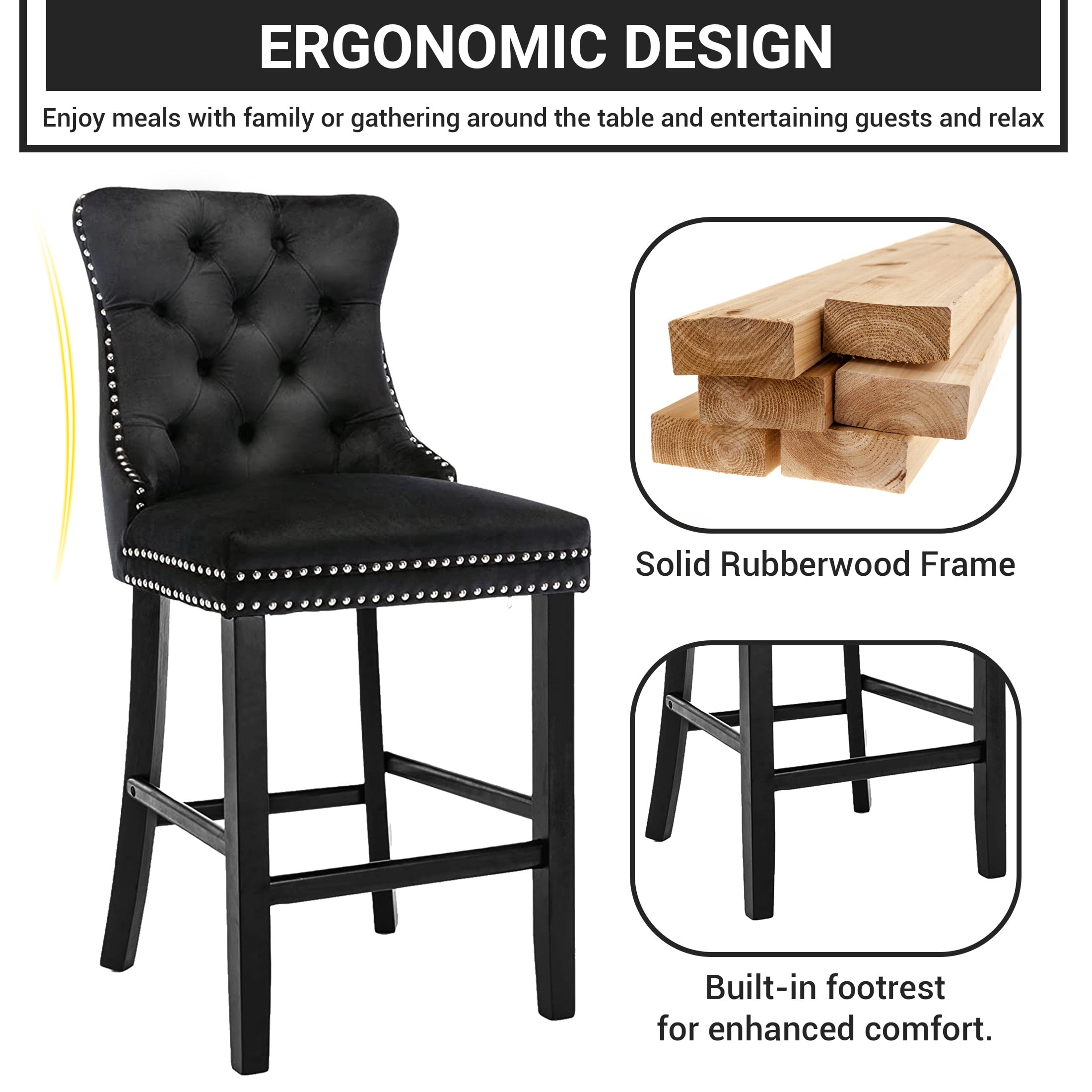 Paproos Upholstered Bar Stools Set of 2, Velvet Barstools with Wood Legs and Tufted, Modern Leisure Counter Height Bar Chairs with Chrome Nailhead Trim for Home Pub and Kitchen Island, Black