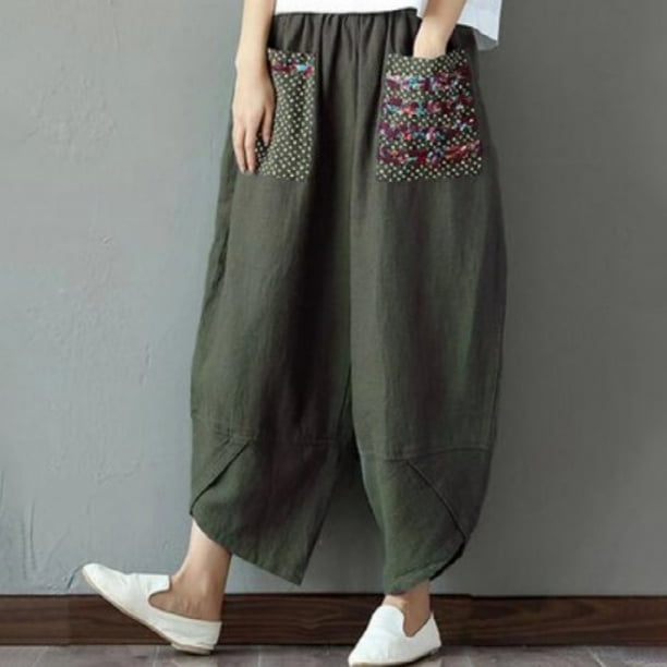 WILLBEST Pantalones Casuales de Lino para Mujer, Pierna Ancha, Holgados, Estilo Cónico, Cintura Elástica Cómoda para Uso Diario. Extra Grande