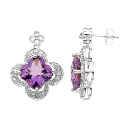 14 ct Created Pink Sapphire Drop Earrings with 1/8 ct Diamonds in Sterling Silver and 14kt Rose Gold