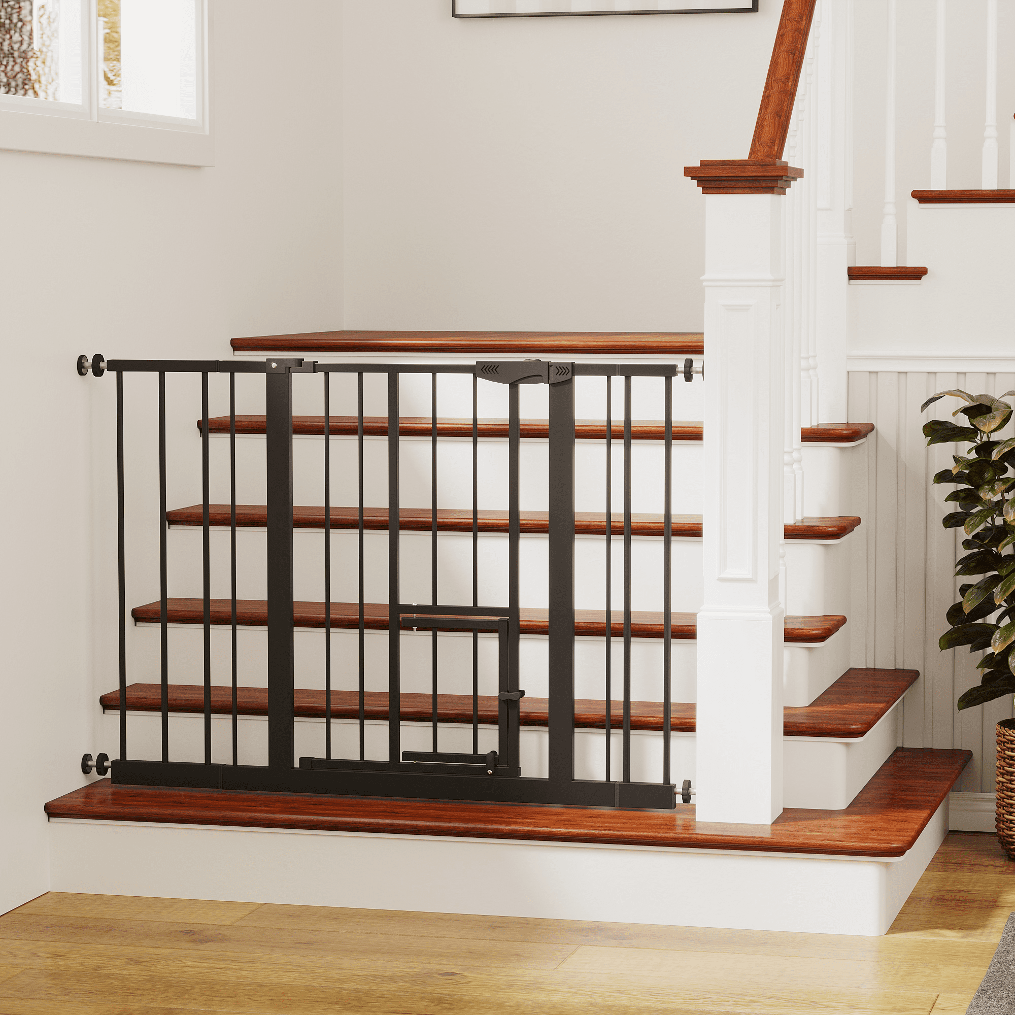 Black Pressure Mounted Baby Gate with Built-in Small Cat Door, 29.5"-44.1" Wide No Drill Metal Safety Gate for Stairs Doorways Kids & Pets