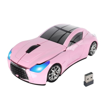 PloutoRich Car Mouse Wireless Cool Sport Car Shaped Computer Mice with LED Headlight USB Receiver 2.4GHz Portable Optical Mini Small Mouse for Laptop PC Desktop Computer Kids Gift (Pink)