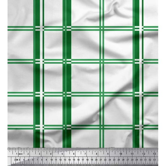 Soimoi Green Moss Georgette Fabric Window Pane Check Print Fabric by Yard 42 Inch Wide