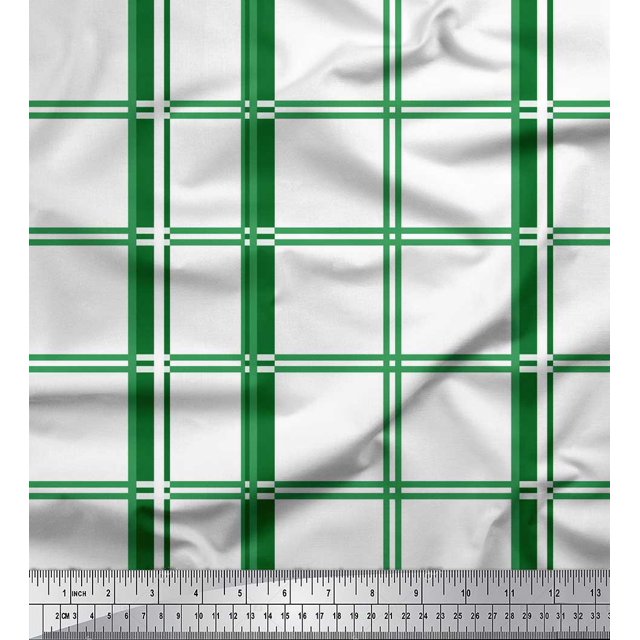 Soimoi Green polyester Crepe Fabric Window Pane Check Print Fabric by the Yard 52 Inch Wide