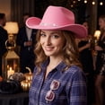 thumbnail image 5 of Western Cowboy Hats for Women Classic Felt Wide Brim Fedora Hat with Belt Buckle Retro Panama Hat Unisex Rolled up Cap Pink One Size, 5 of 5