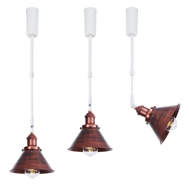 FSLiving Adjustable Height Track Pendnat Light J-Type Retractable Lift Track Spotlight with Telescoping Rod Adjustable Gimbaled Lamp-Post Juno Track Industrial Cone Lamp, Red Brown - 3 Lights
