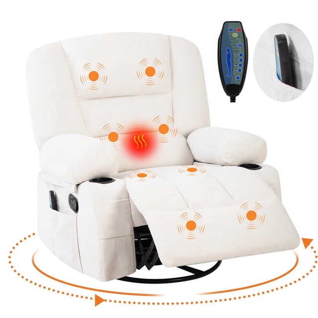 Electric Massage Recliner Chair, 3-in-1 Heated Vibration 360° Swivel Rocker with Storage Pockets for Living Room & Bedroom