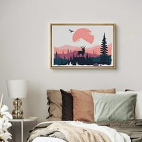 PixonSign Framed Canvas Print Wall Art Elk Over Pink Forest Landscape Nature Wildlife Illustrations Modern Art Contemporary Colorful Multicolor Boho Decor for Living Room, Bedroom - 24"x36" Natural