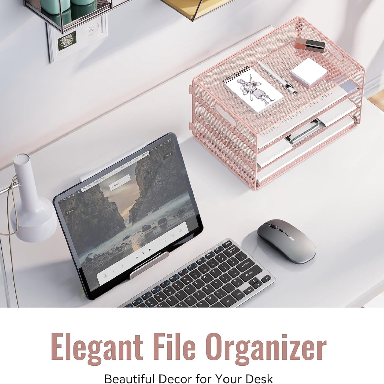 INTIGE 3-Tier Metal File Organizer with Handles, Desktop Storage Cabinet for Home, Office, Pink
