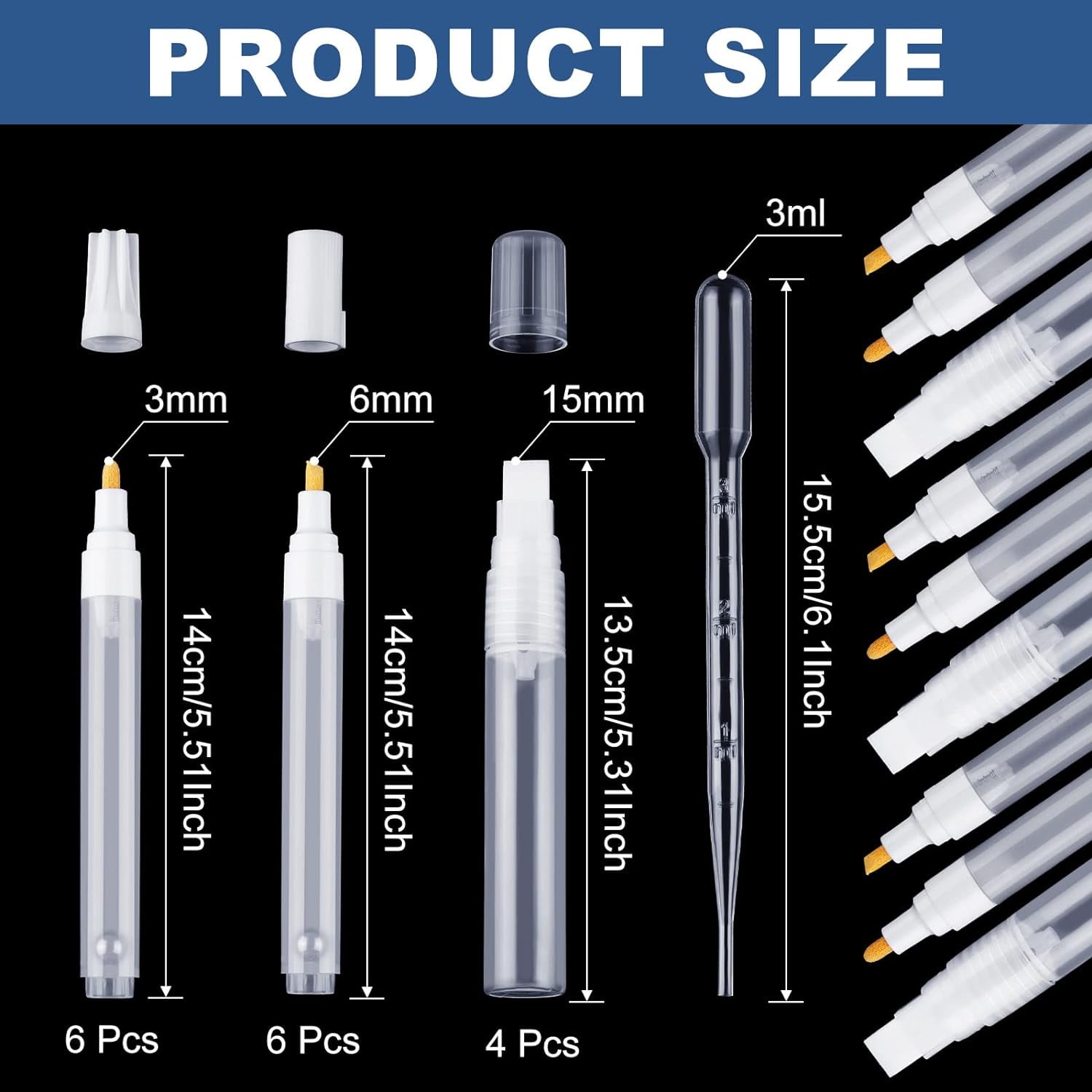 16 Pcs Refillable Acrylic Paint Markers 3 mm 6 mm 15 mm Empty Acrylic Markers White Refillable Paint Pen Round Tilted Flat Head Fillable Pen with 3 ml Dropper for Oil Water Ink Art Kit