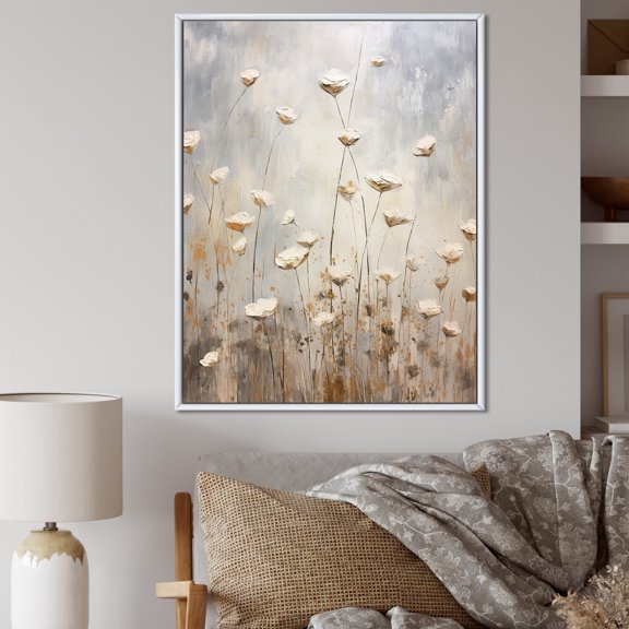 Designart "Whispering Gardens Of Beige Wildflowers IV" Wildflowers Floater Framed Wall Decor