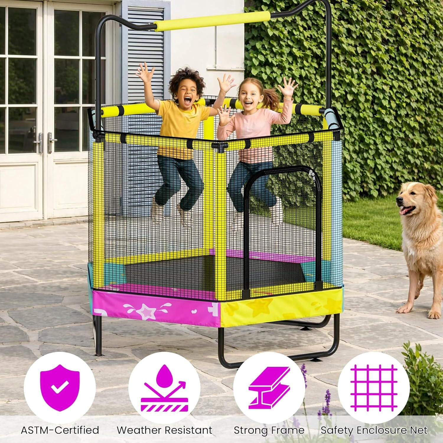 MOOSENG 7-in-1 Kids Trampoline with Safety Enclosure Net, 60" Hexagonal Toddler Trampoline with 500lbs Capacity, Indoor Outdoor Fun for Ages 1-8, Adjustable Handrail