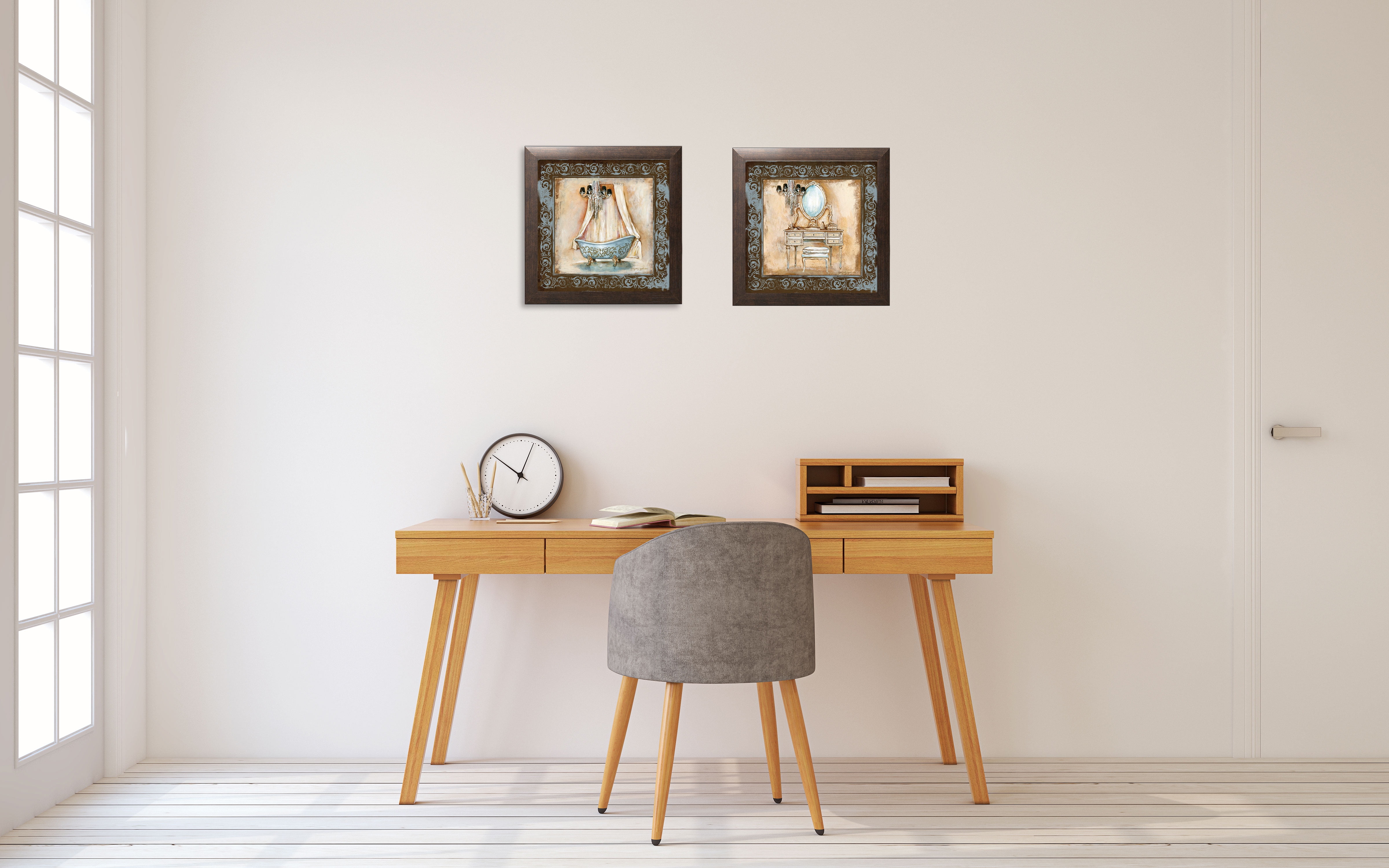 Gango Home Decor Elegant Tub and Vanity Bathroom Wall Art; Two Blue