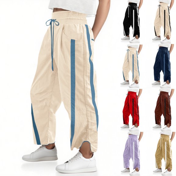 Women's Baggy Wide Leg Track Pants with Contrast Color and Drawstring Elastic Waist, Casual Loose Fit Sweatpants for Workout, Jogging, or Daily Streetwear Beige L