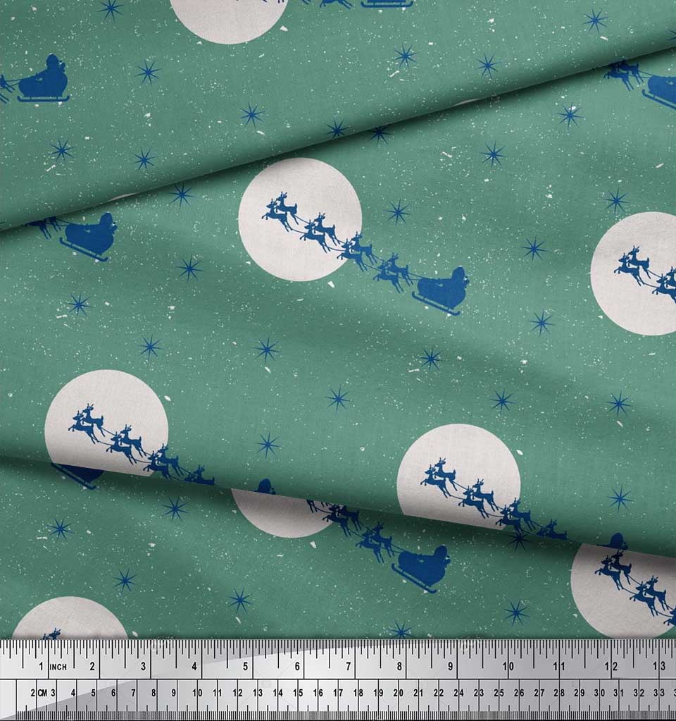 Soimoi Green polyester Crepe Fabric Snowflake,Reindeer & Sleigh Christmas Decor Fabric Printed Yard 42 Inch Wide