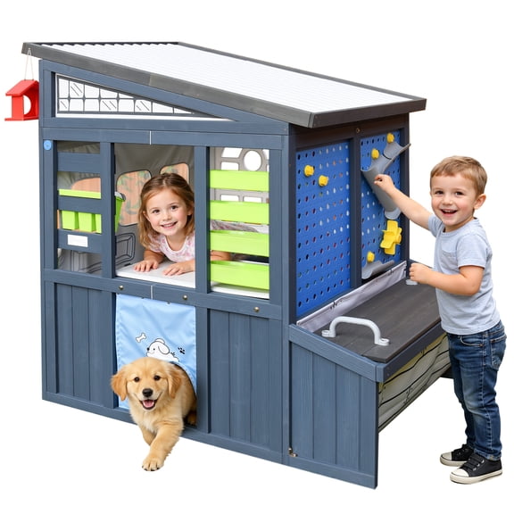 Outdoor Play House for Kids, SHINPT Kids Playhouse Outdoor with Simulation Tools, Wooden Play House for Toddlers 3 , Kids Playground for Backyard, Patio, Garden, Outdoor Playhouse for Birthday Gift