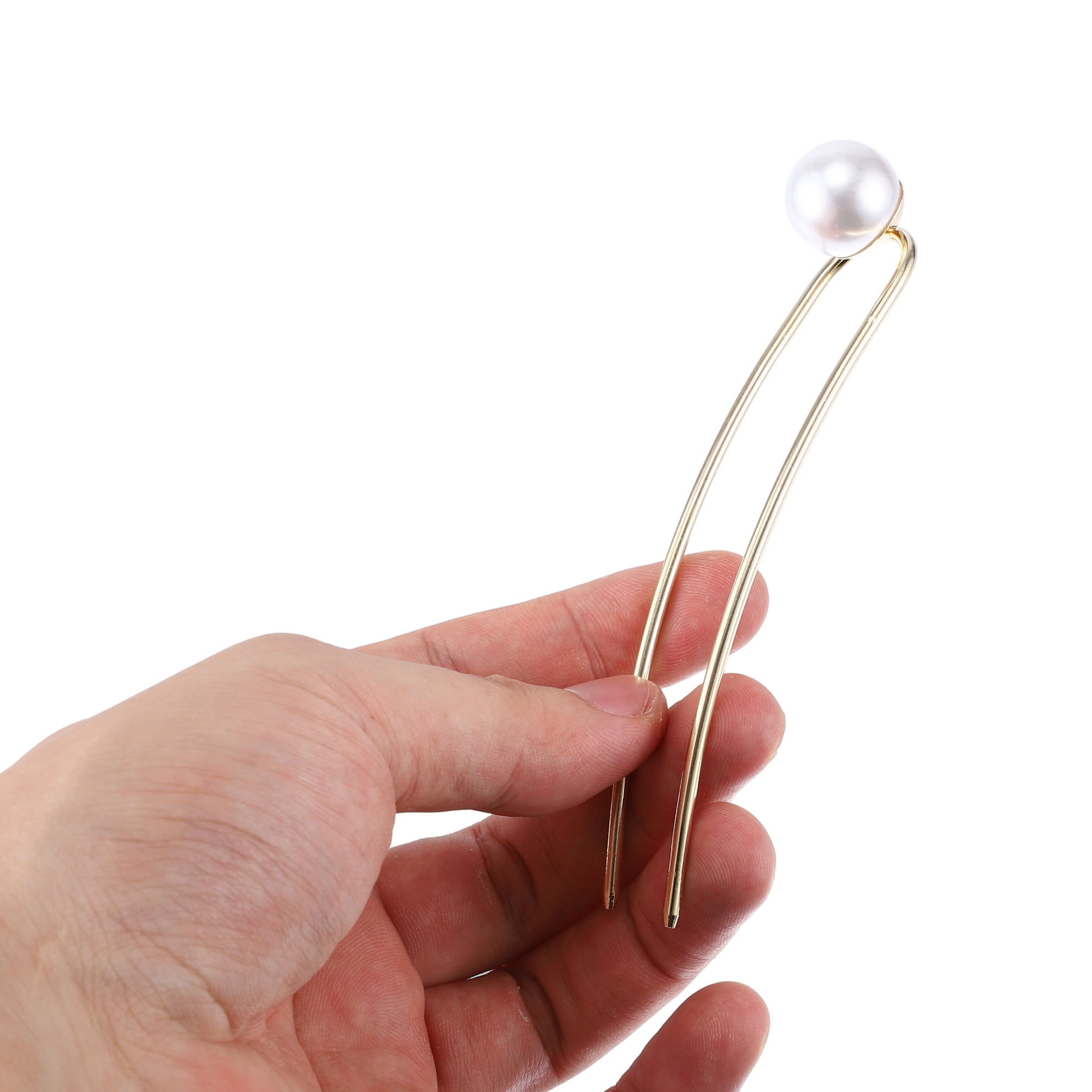 Unique Bargains Pearl U-shaped Hair Pins 4.76"x0.91"x0.79" 1 Pc Gold Tone