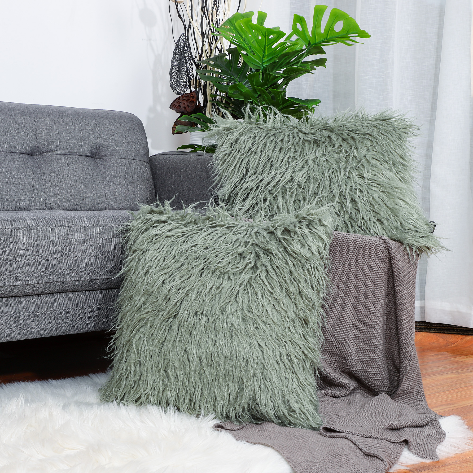 Pack of 2,Shaggy Faux Fur Throw Pillow Cover,Soft Plush Square Cushion