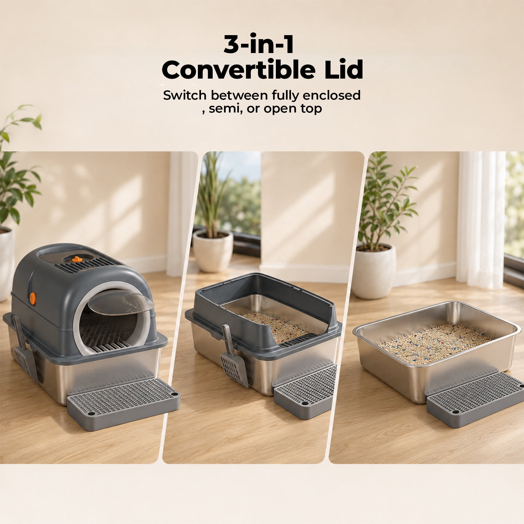 Alvantor Double-Entry Convertible Lid Cat Litter Box, 3-in-1 Stainless Steel Cat Litter Box, 23.62"x15.75"x15.75", Multicolor