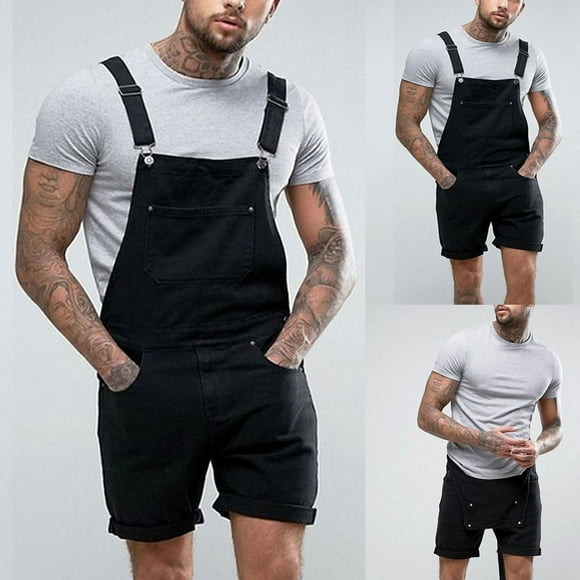 Jsaierl Mens Denim Shorts Bib Overall Jean Romper Casual Loose Fit Walkshort Button Pockets Summer Jumpersuit