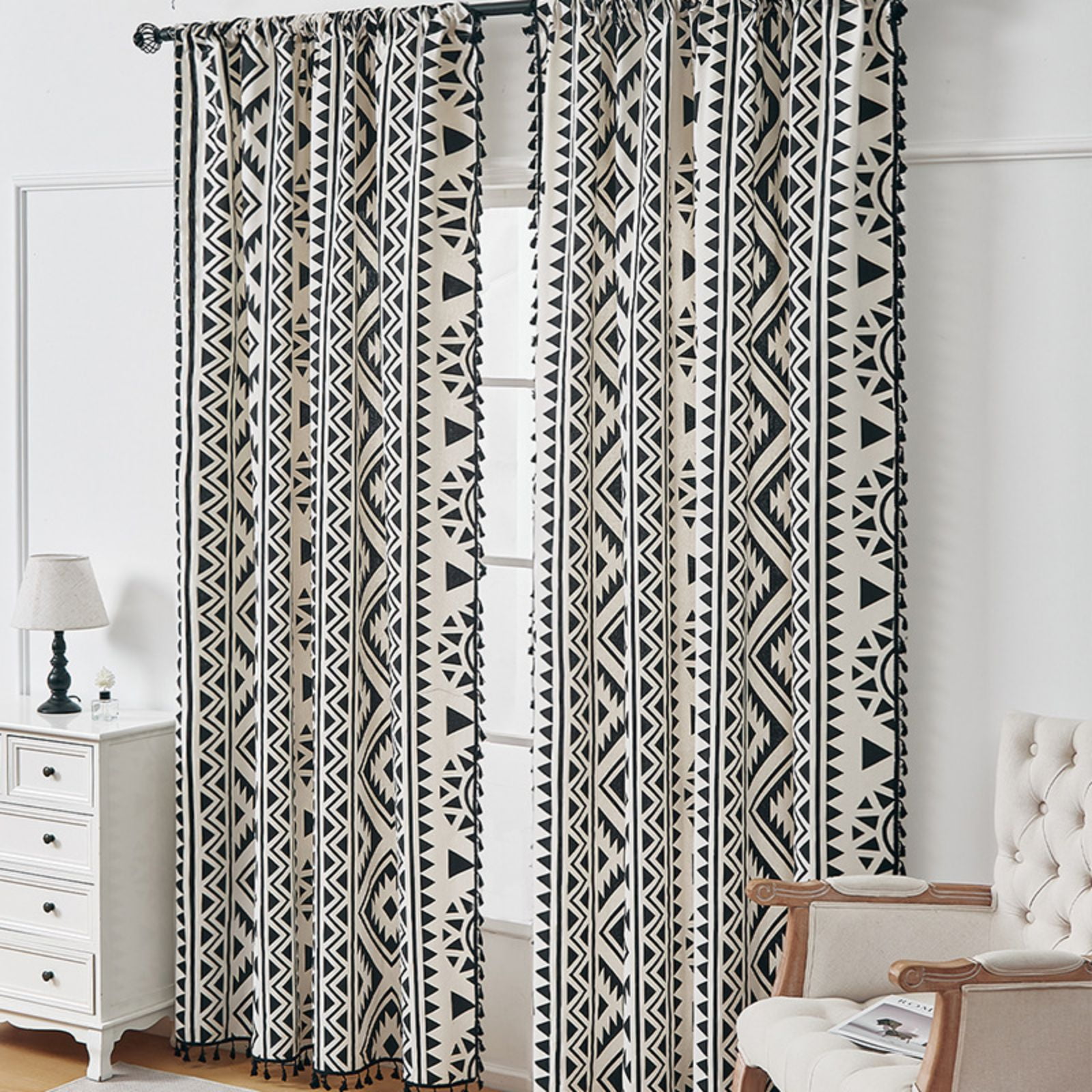 Black White Boho Farmhouse Curtains for Living Room 2 Panels, Linen Light Filtering Vintage Curtains Farmhouse Western Aztec Printed Rustic Rod Pocket Curtain Drapes with Tassels