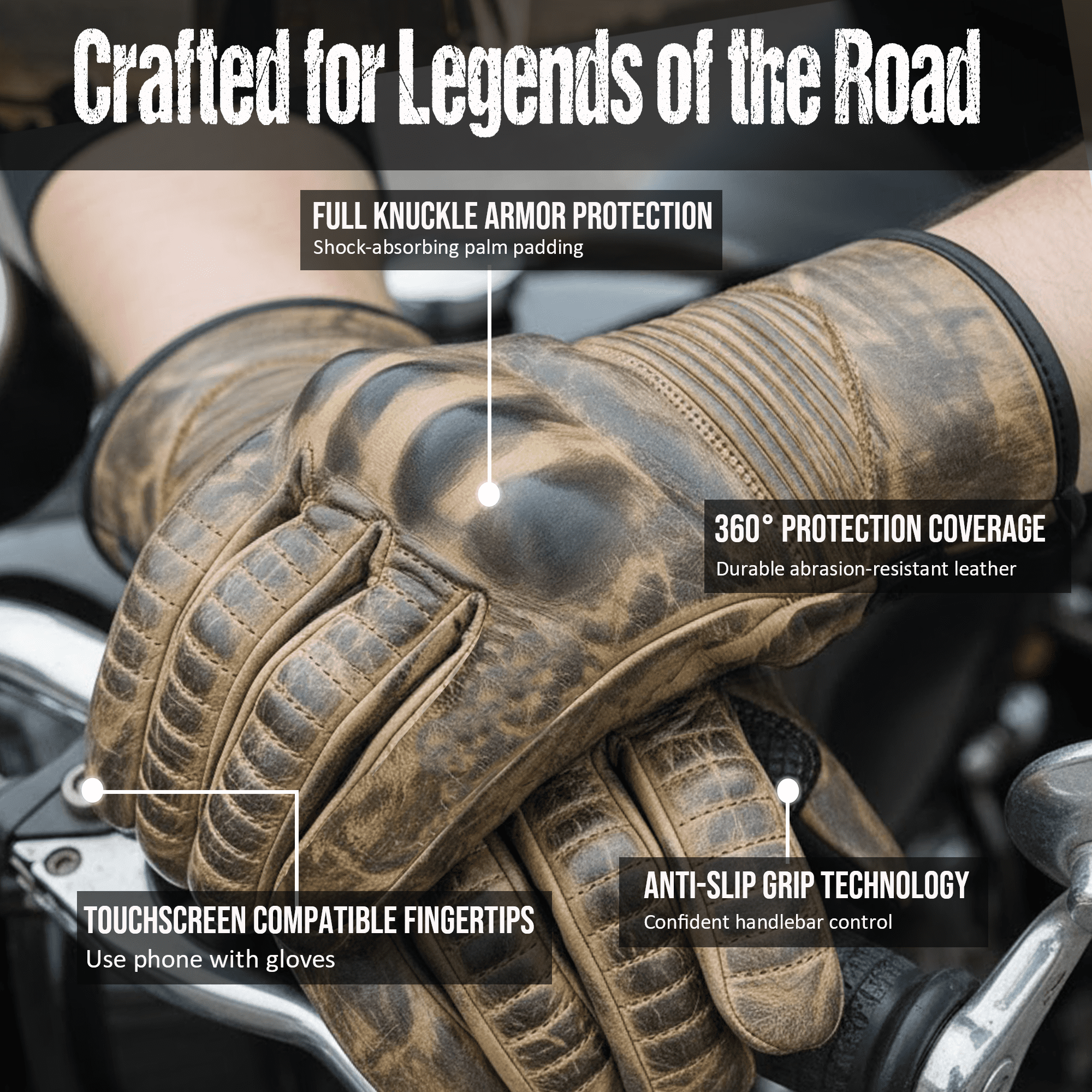 Jackets 4 Bikes Throttle Motorcycle Gloves for Men - Leather Motorbike Riding Gloves Brown L