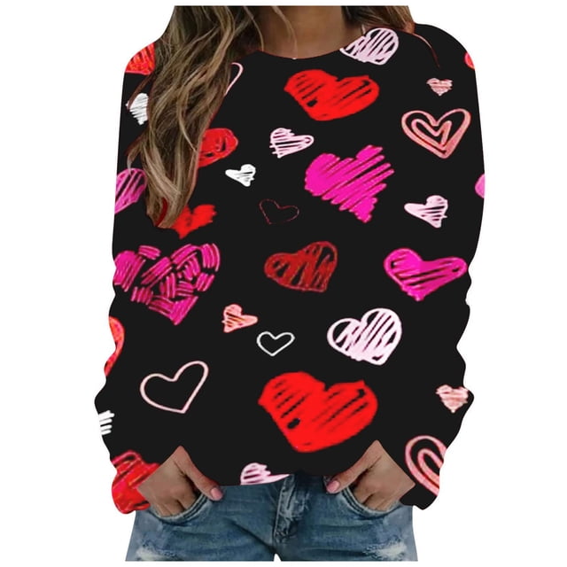 Camisa del día de San Valentín de las mujeres que imprime las camisetas de manga larga del jersey de las tapas XBTCLXEBCO Negro Rojo, Extra Grande