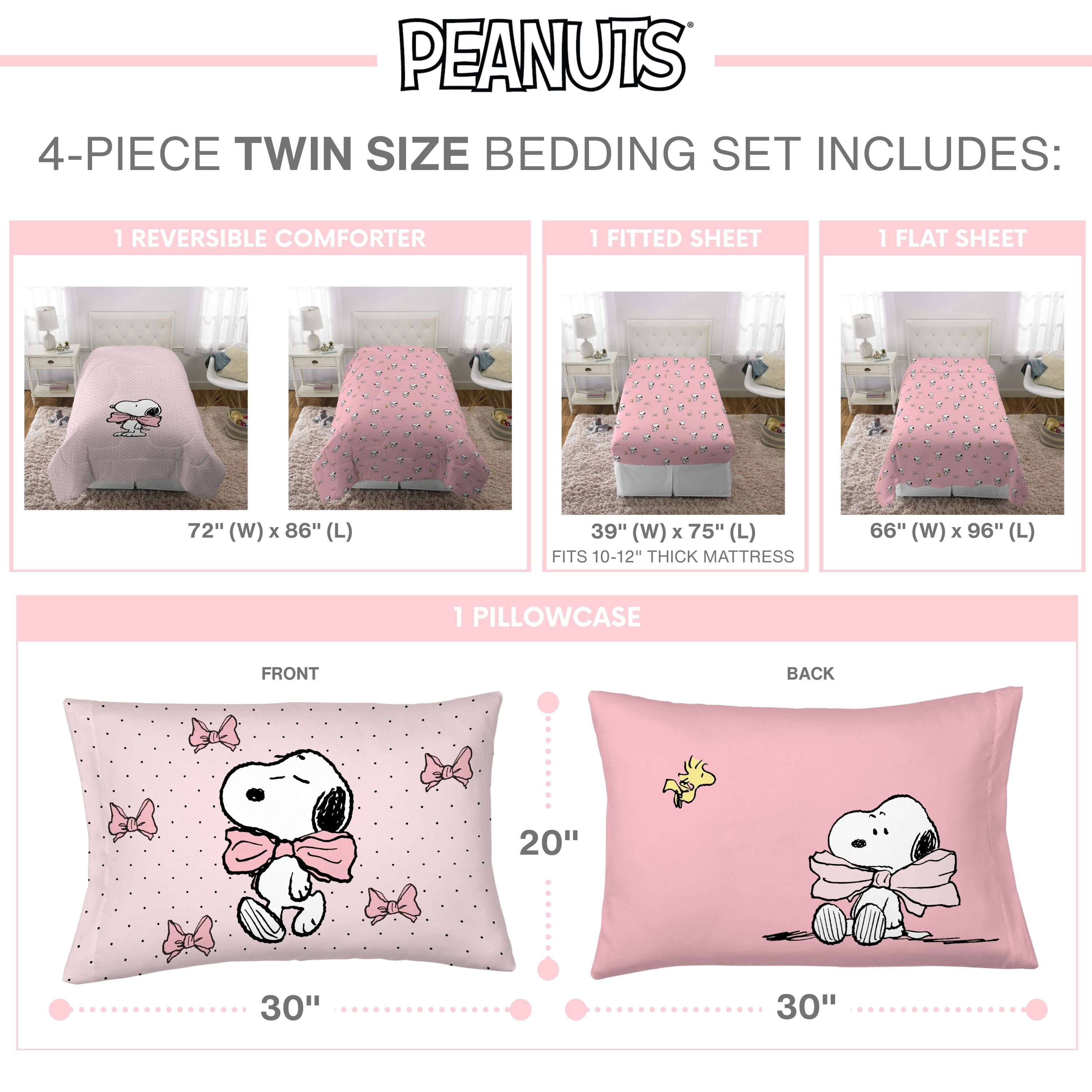 Peanuts Snoopy 4 Piece Pink Coquette Reversible Comforter