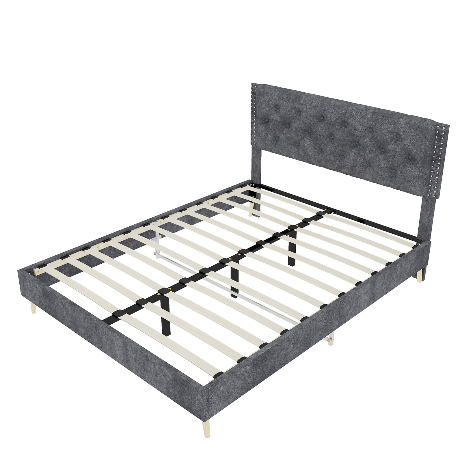 Alvantor Queen Size Upholstered Bed Frame with Padded Headboard, Holland Velvet Tufted Gray