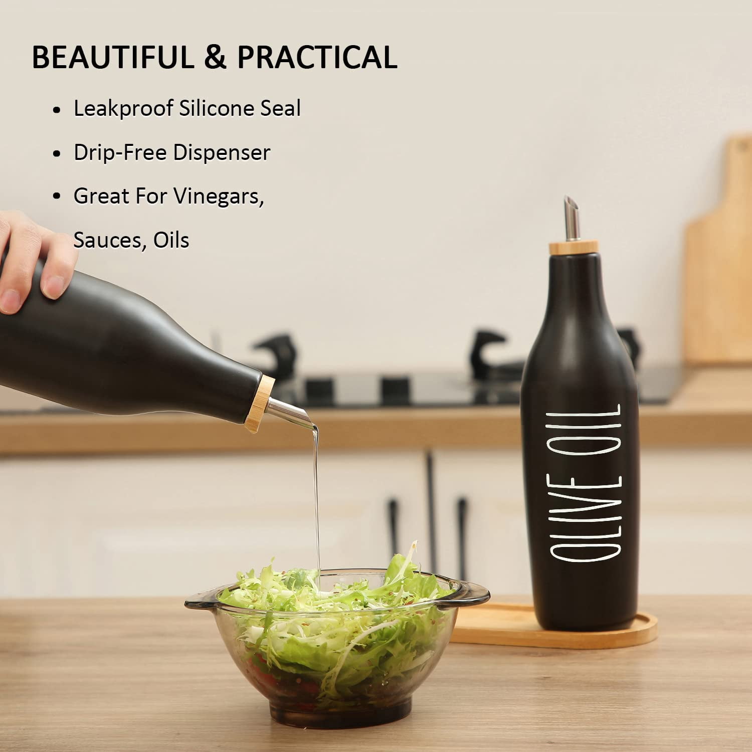 Ceramic Oil & Vinegar Dispenser Bottle Black-Oil 16oz Modern Farmhouse Kitchen Use