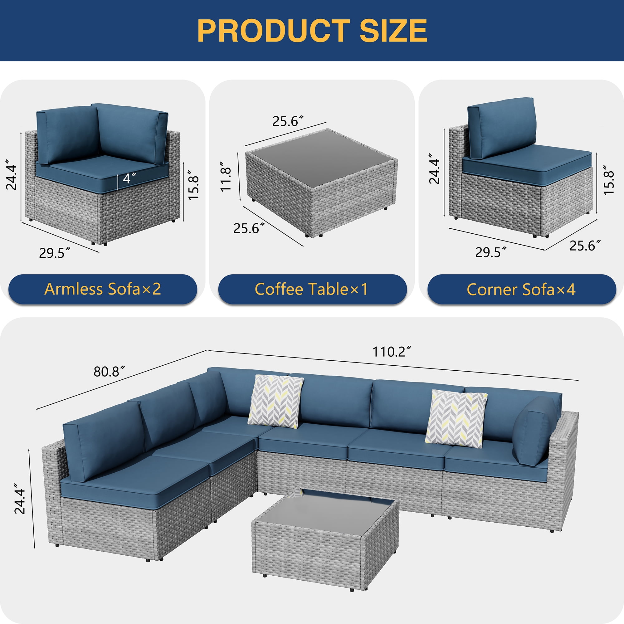 Walsunny 7 Piece Outdoor Patio Furniture Set, All-Weather PE Rattan Wicker Modular Sectional Conversation Sofa Set with Thick Cushions & Glass Coffee Table for Backyard, Poolside, Garden, Aegean Blue