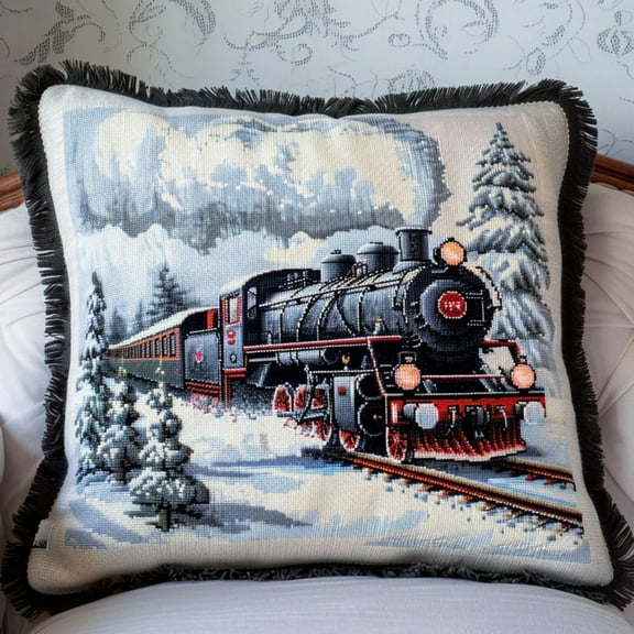 Latch Hook Pillow kit Retro Train Stamped Pillow Latch Hook kit Winter Landscape Cover Latch Hook Pillow Cover DIY Pillowcase Kit Adults Pillowcase Craft Kits with Printed Canvas 43x43cm