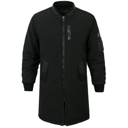 ililily Black Padded Longline Varsity Bomber Jacket Quilted Winter Overcoat, Black,